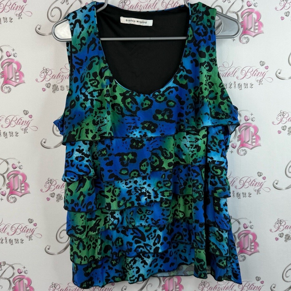 Bianca nygard tank top ruffle tiered, Blue and Green Leopard Print Blouse